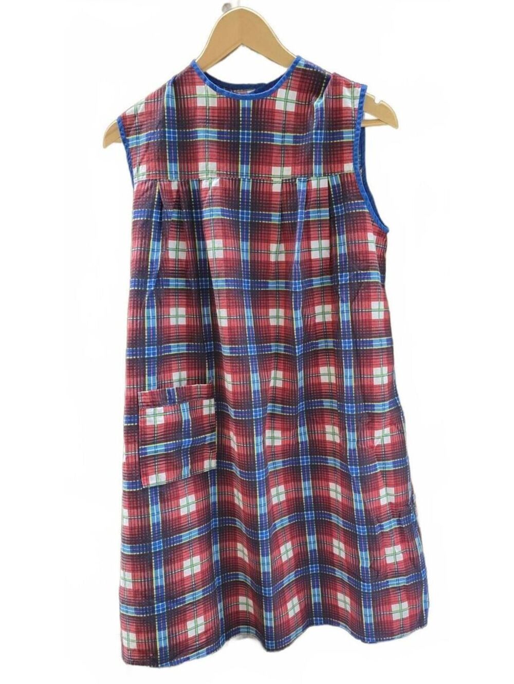 Handmade Retro Blue & Red Plaid Shift Dress Back Button Sleeveless Med